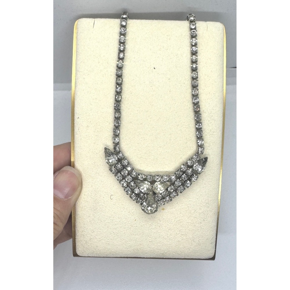 Vintage Silver Tone Rhinestone Bib Choker Necklace Clear Pear Cut Wedding Formal